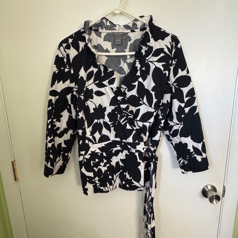 Ann Taylor Navy and White Wrap Blouse with Ruffle Collar - Size 14